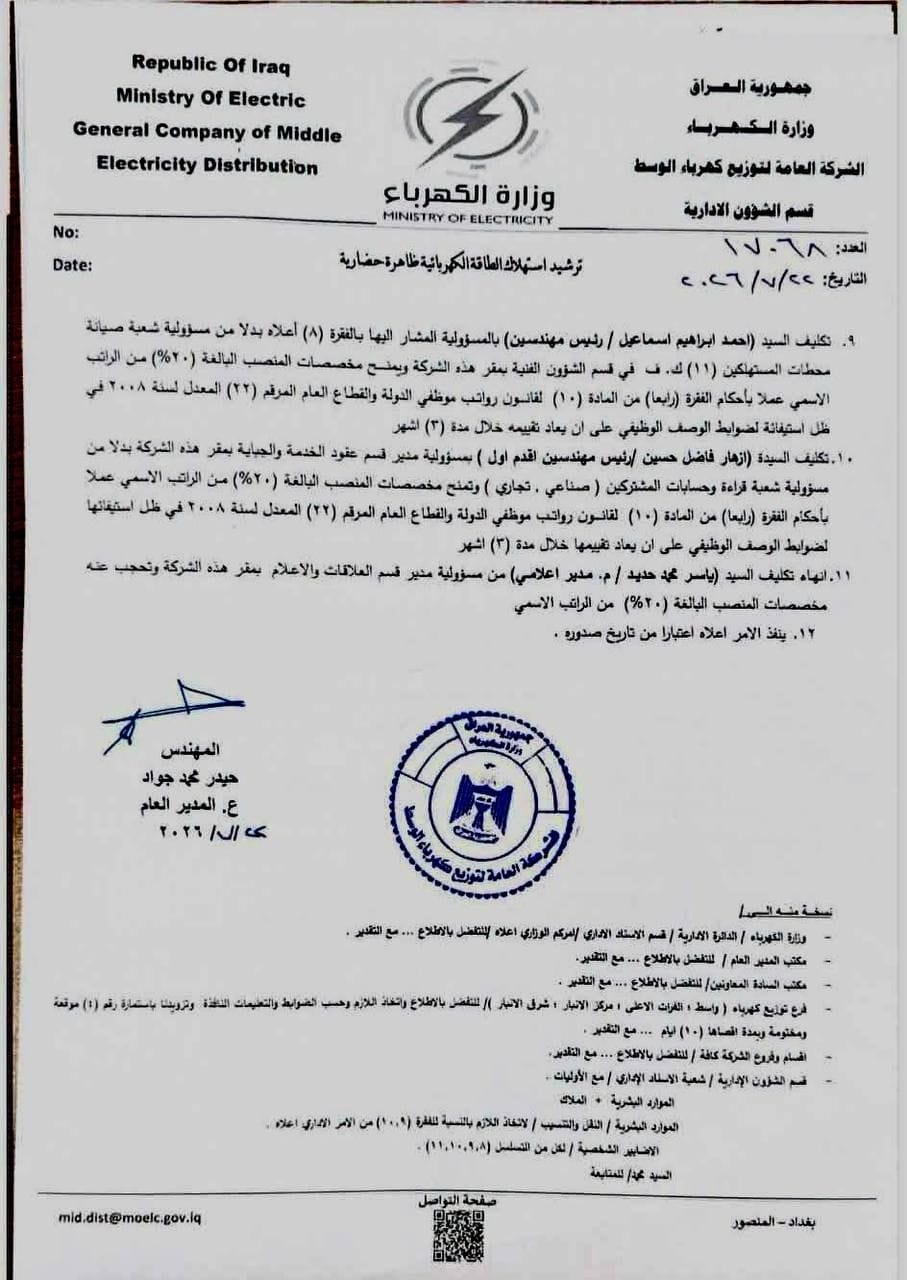 إعفاء مديري كهرباء الأنبار وشرقها من منصبيهما
