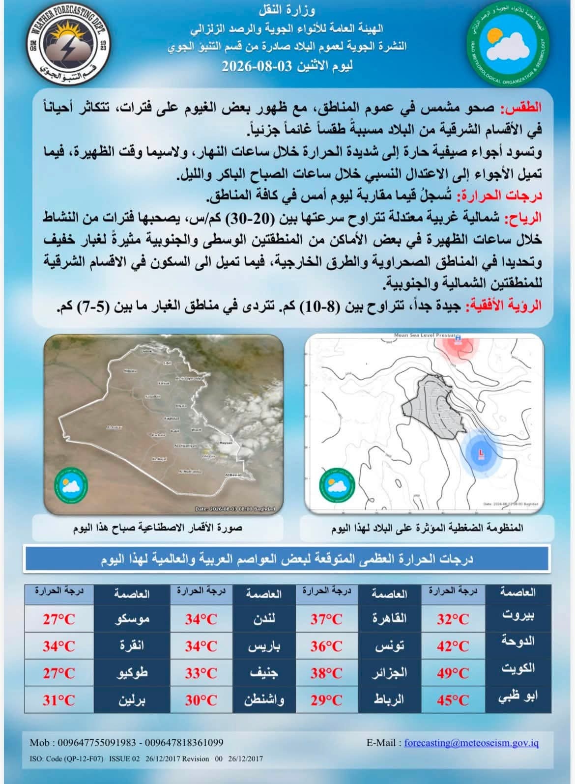 أجواء صيفية شديدة الحرارة وطقس صحو في عموم العراق