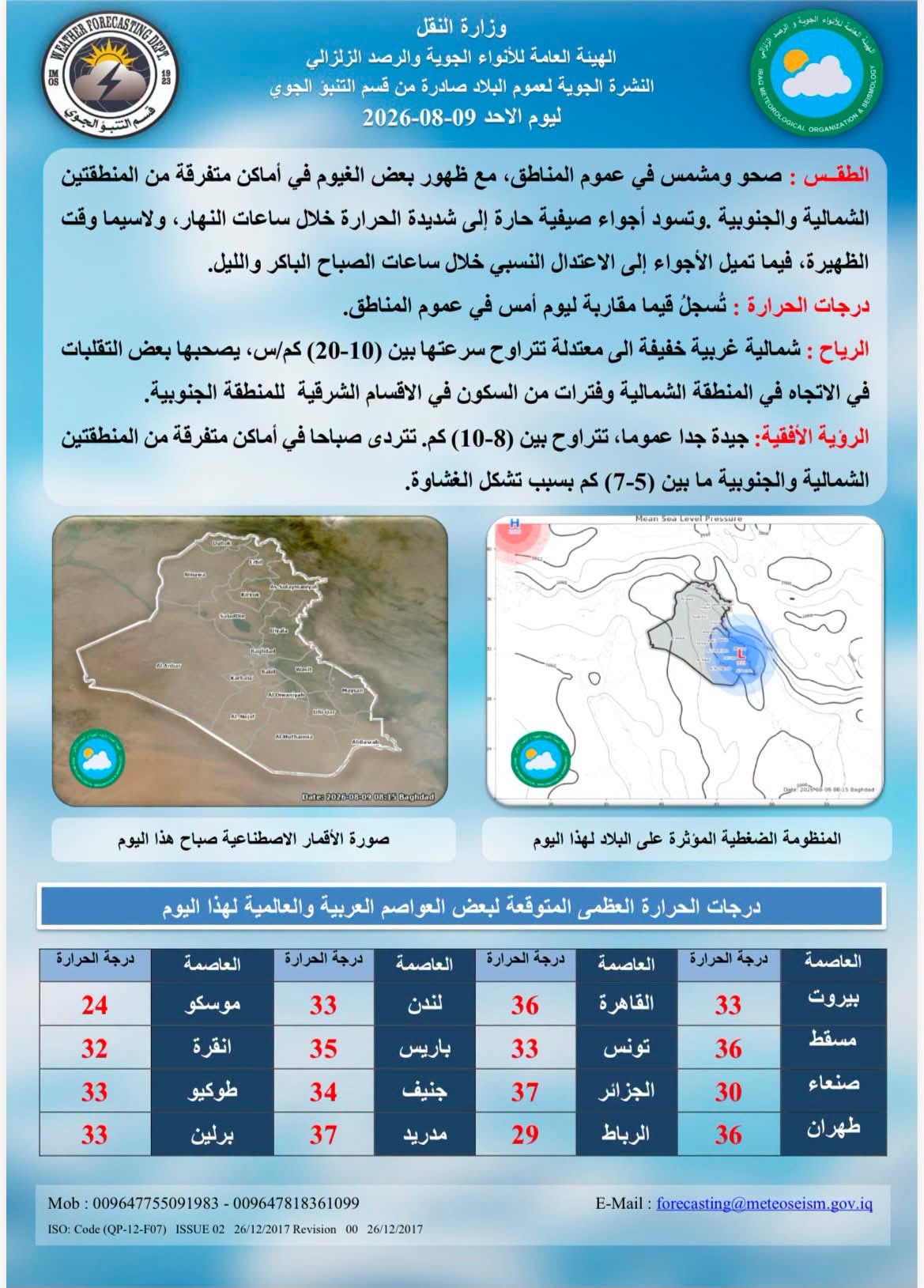 الأنواء الجوية: طقس ساخن ودرجات حرارة مرتفعة في عموم العراق