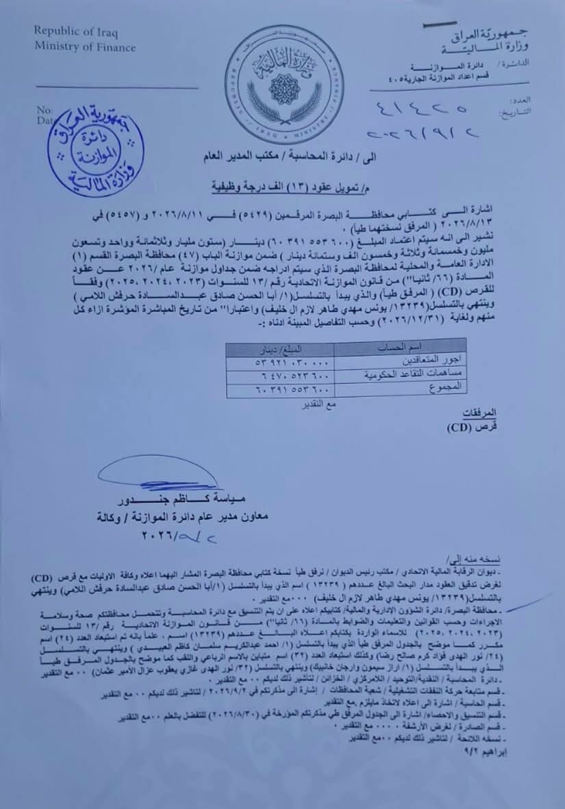 بقيمة بلغت ستين مليار دينار.. حكومة البصرة تعلن تمويل رواتب 13 الف درجة وظيفية