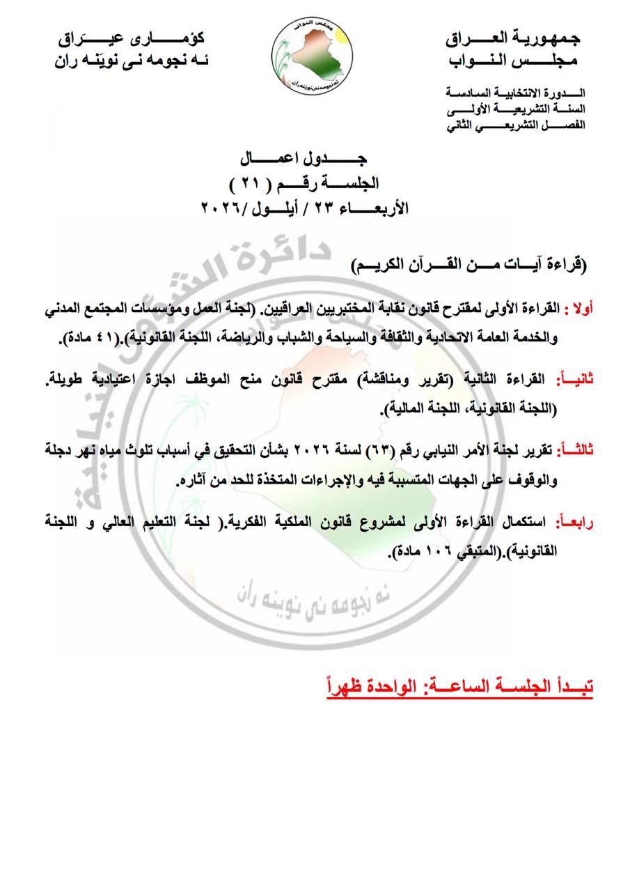 البرلمان ينشر جدول أعمال جلسة الأربعاء المتضمن أربعة ملفات رئيسية