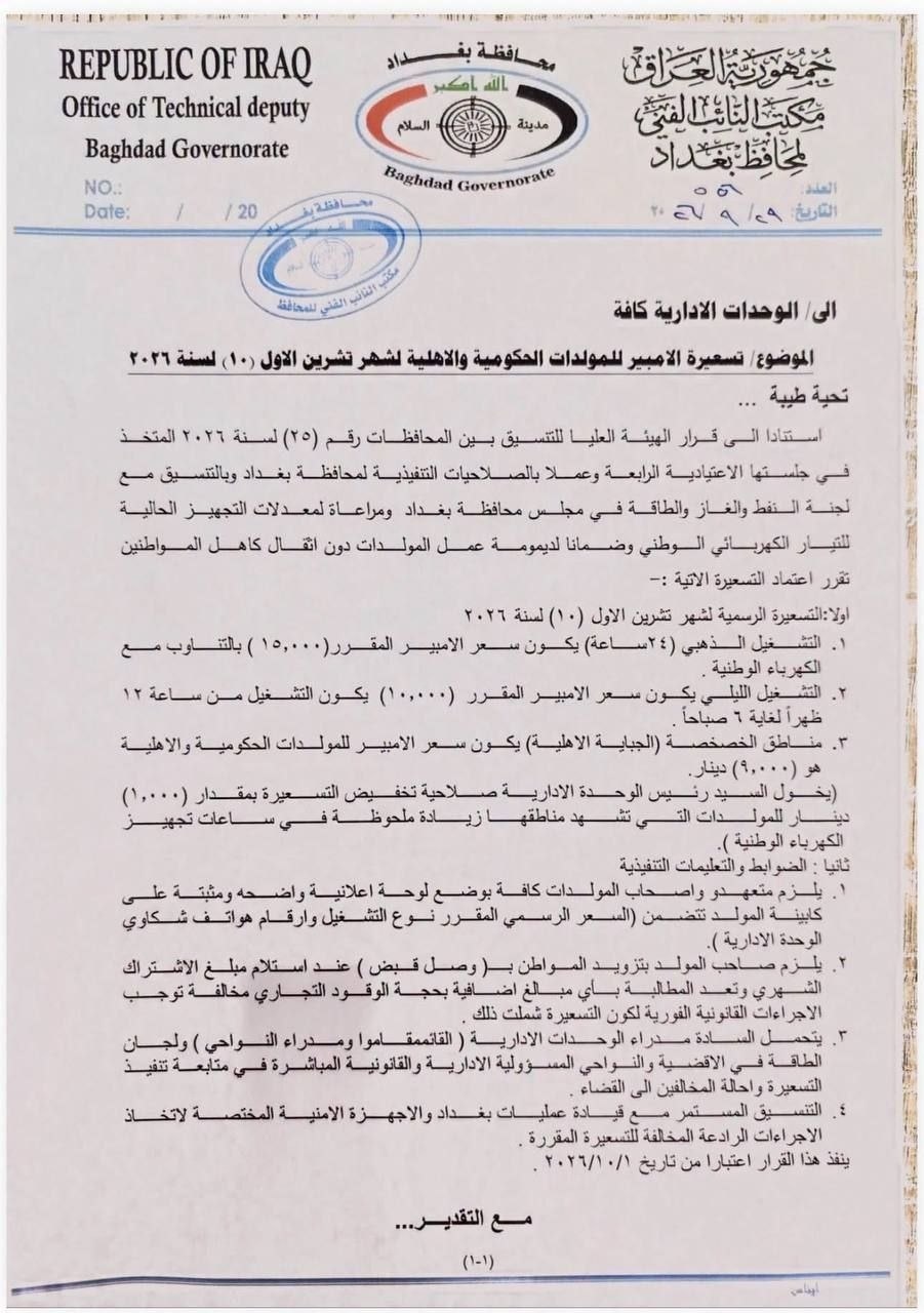 مجلس بغداد يحدد تسعيرة أمبير المولدات لشهر تشرين الأول